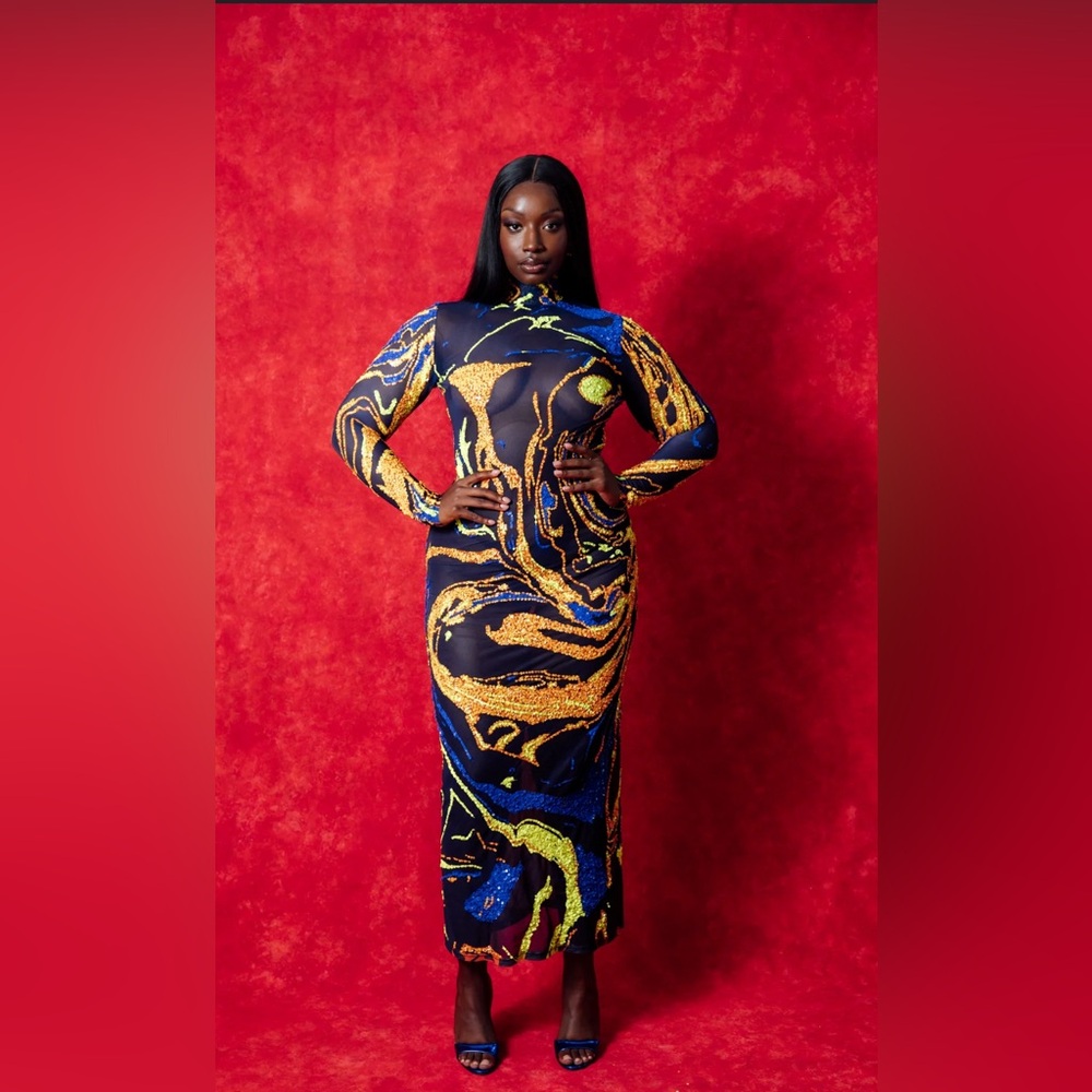 Embellished Gaia Long Sleeve Printed Mesh Dress – Navy Fashion